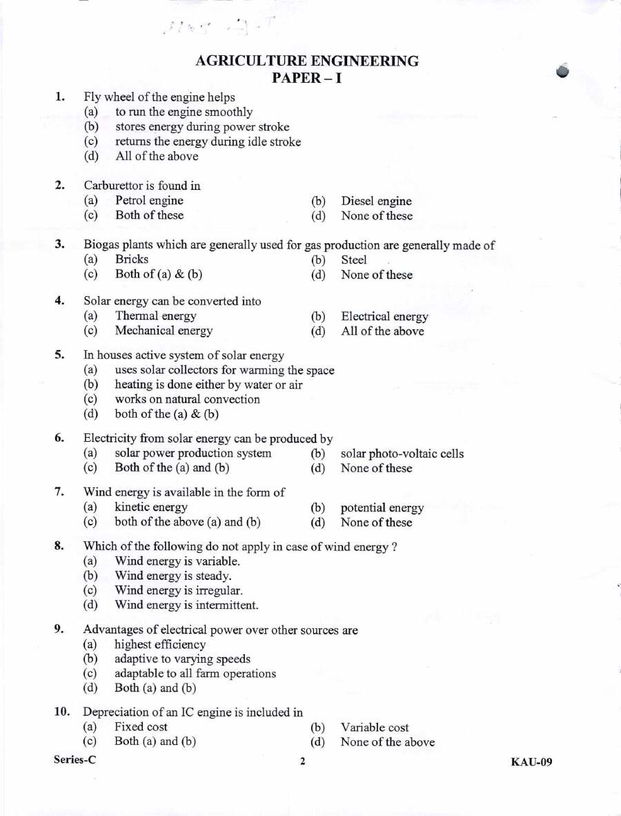 UKPSC JE 2013 Agricultural Engineering question paper page 1 instructions scan PDF download