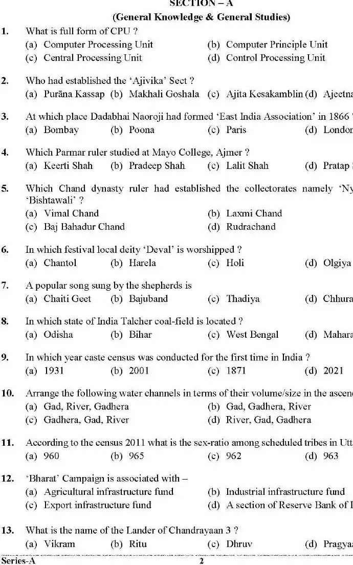 UKPSC Lab Assistant 2024 General Knowledge question paper page 1 instructions scan PDF download for Forensic Science Laboratory Group-C Exam
