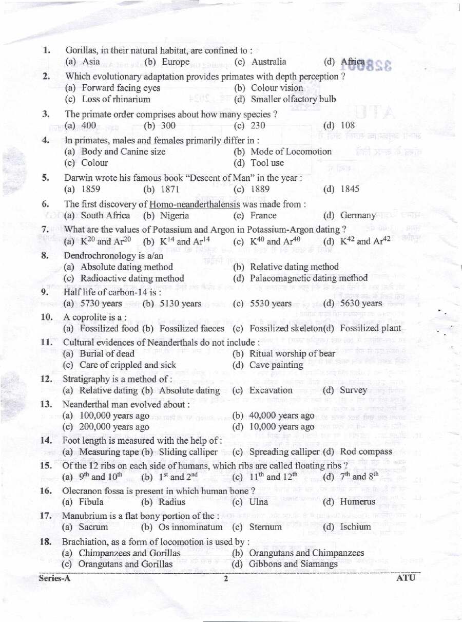 UKPSC Lab Assistant Anthropology 2024 question paper page 1 instructions scan PDF download