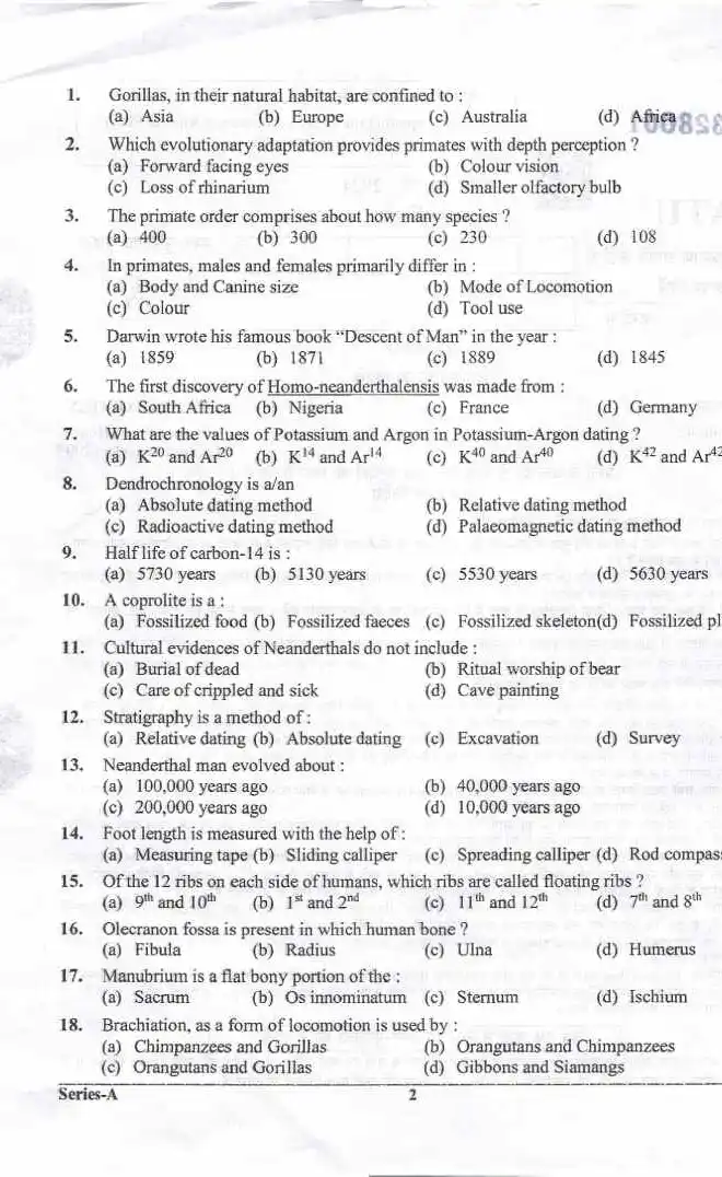 UKPSC Lab Assistant Anthropology 2024 question paper page 1 instructions scan PDF download