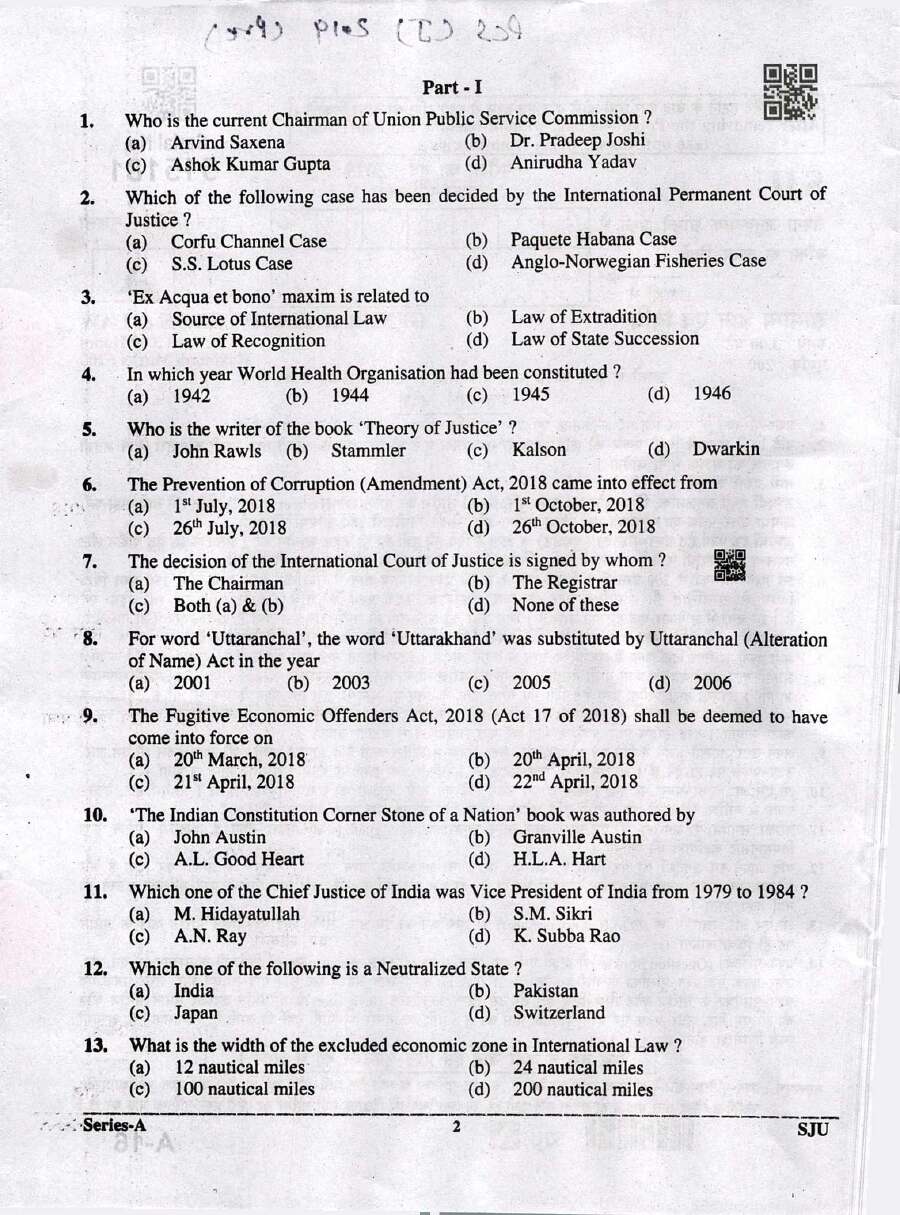 UKPSC PCS J 2019 General Knowledge & Law question paper page 1 instructions scan PDF download for Uttarakhand Judicial Service Exam