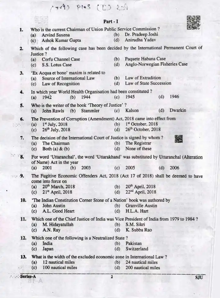 UKPSC PCS J 2019 General Knowledge & Law question paper page 1 instructions scan PDF download for Uttarakhand Judicial Service Exam