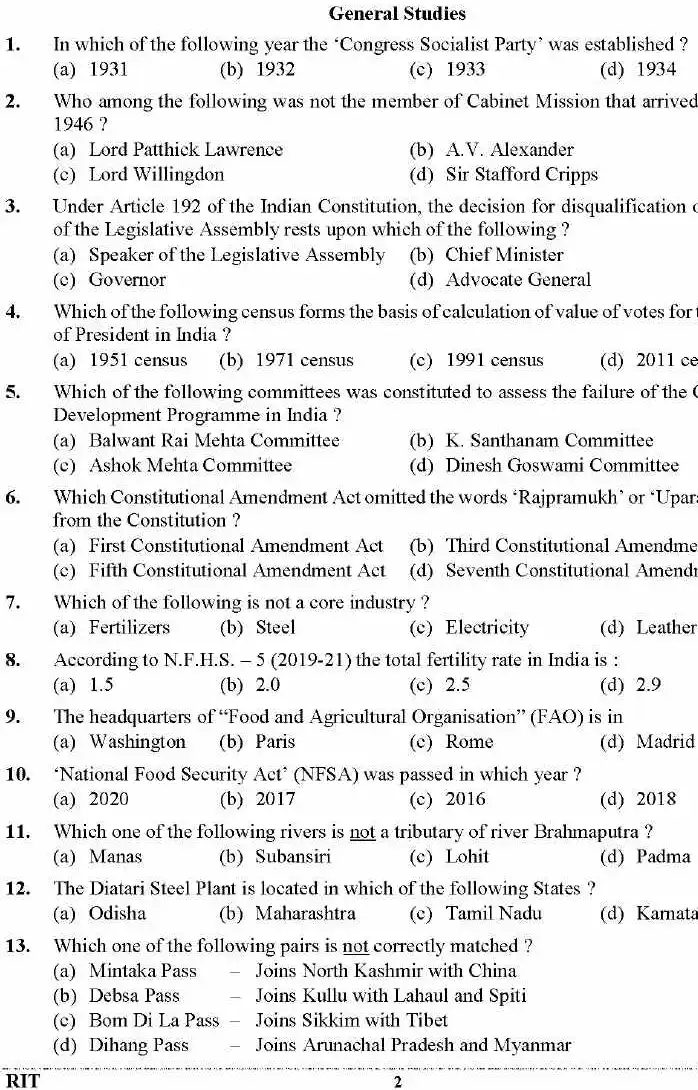 UKPSC Regional Inspector Technical Exam 2023 General Studies Technical Knowledge General Aptitude Test question paper page 1 instructions scan PDF download