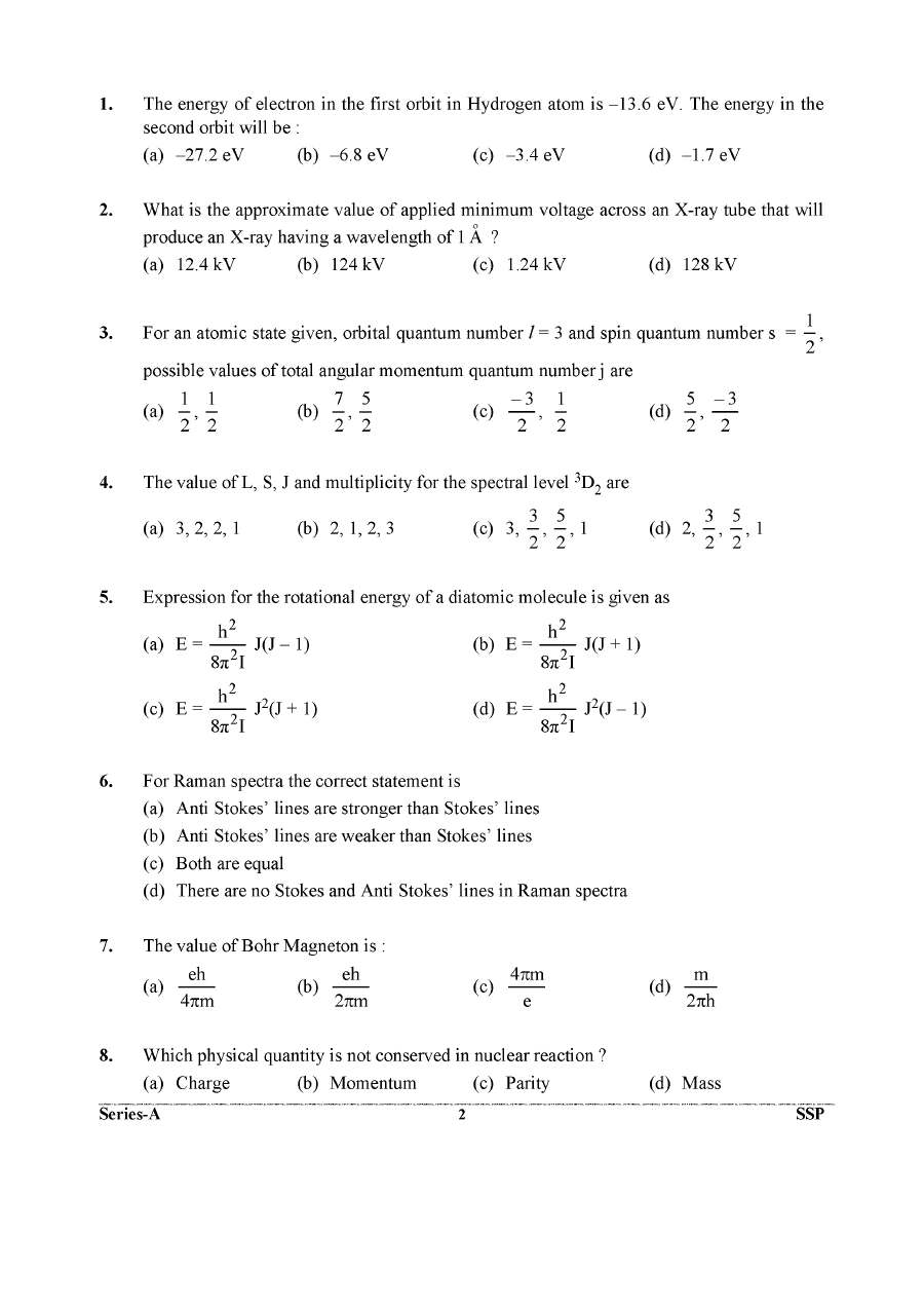 UKPSC SSA Physics 2024 question paper page 1 instructions scan PDF download for Senior Scientific Assistant exam