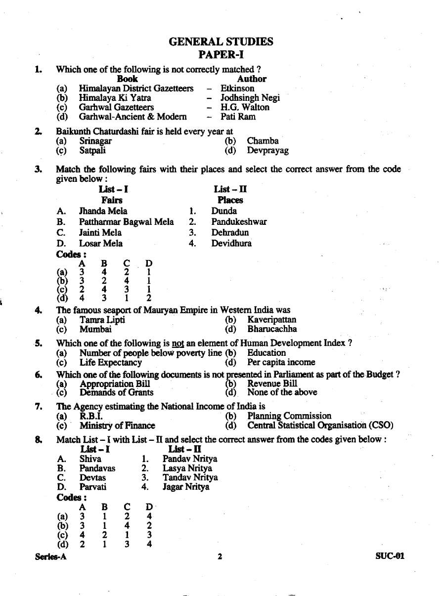 UKPSC Uttarakhand PCS 2010 General Studies Paper-I question paper page 1 instructions scan PDF download