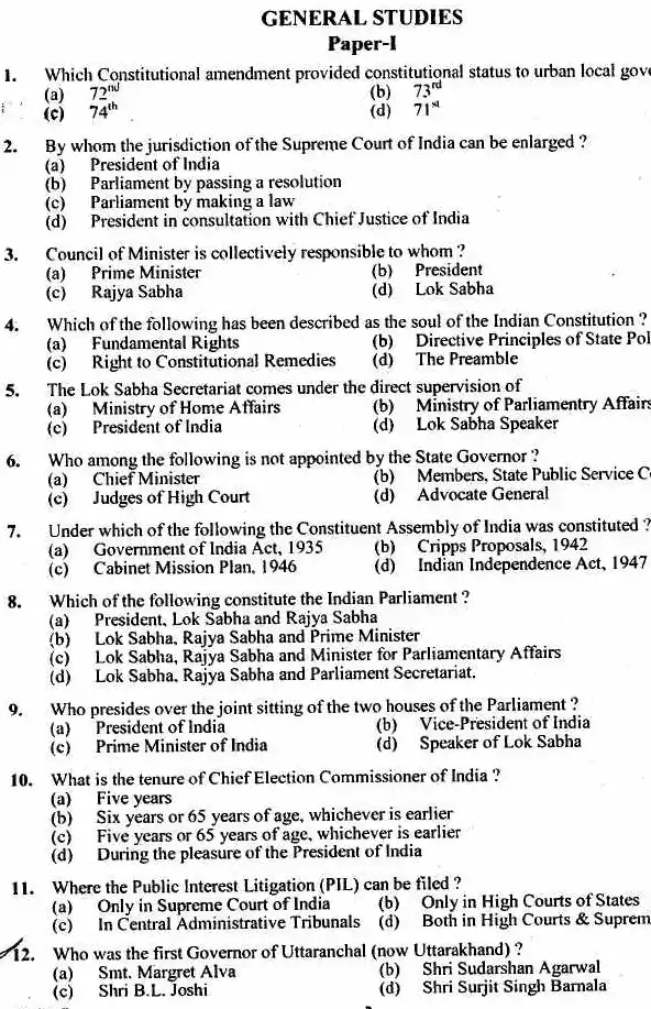 UKPSC Uttarakhand PCS 2012 General Studies question paper page 1 instructions scan PDF download