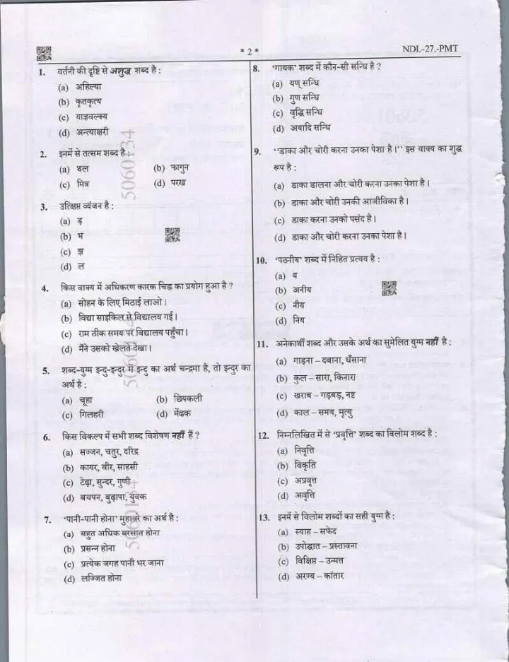 U.P. Technical Education Teaching Services Exam 2021 General Hindi Plastic Mold Technology question paper page 1 instructions scan PDF download
