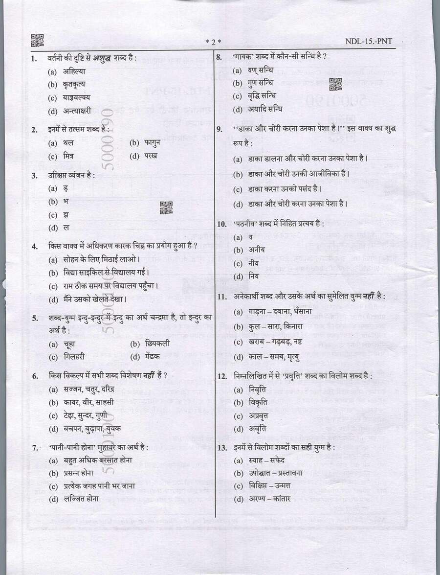 UPPSC General Hindi and Paint Technology-I 2021 question paper page 1 instructions scan PDF download