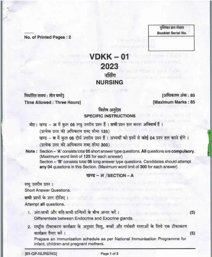 UPPSC Staff Nurse Allopathic Mains 2023 question paper page 1 instructions and exam header scan PDF download
