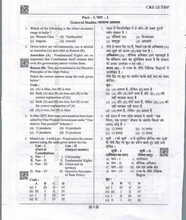 U.P. Technical Education Teaching Services Exam 2021 General Studies & Textile Design Printing II question paper page 1 instructions scan PDF download