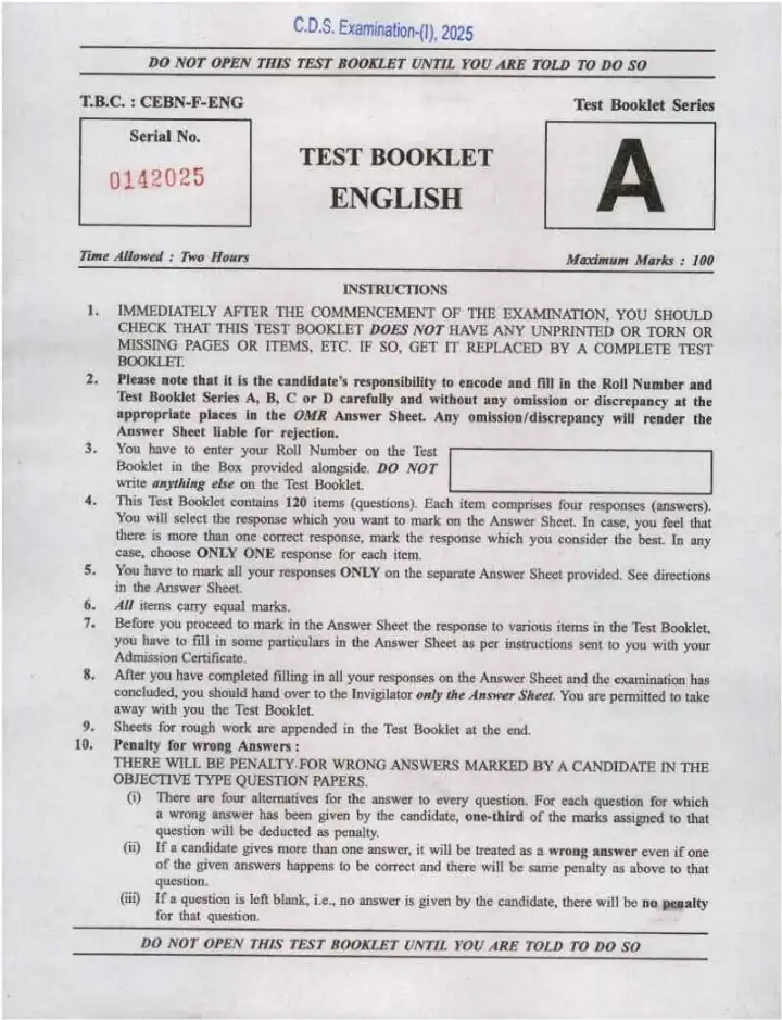 UPSC CDS I 2025 English question paper page 1 instructions scan PDF download