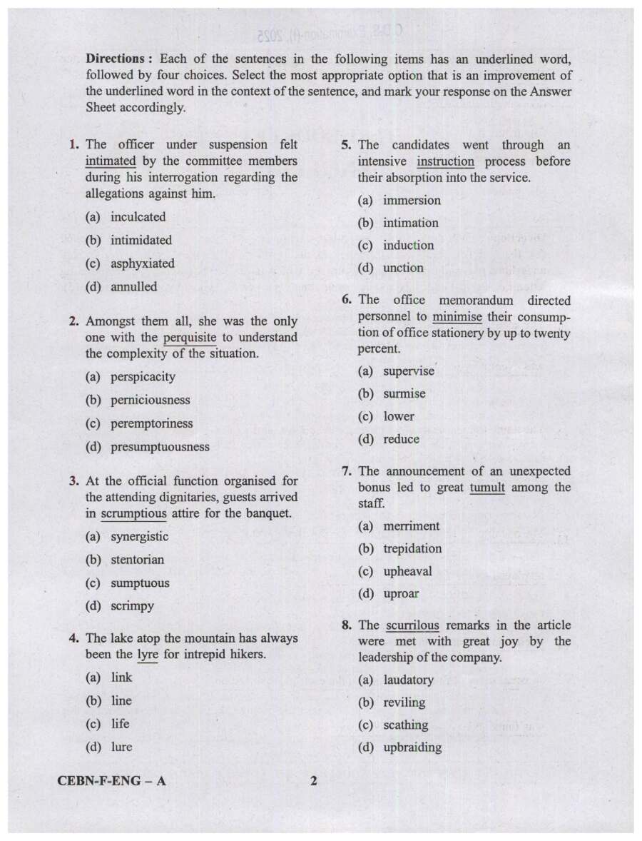 UPSC CDS I 2025 English question paper page 1 instructions scan PDF download