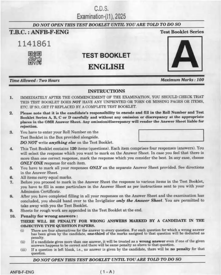 UPSC CDS II 2025 English question paper page 1 instructions scan PDF download. Combined Defence Services Examination.