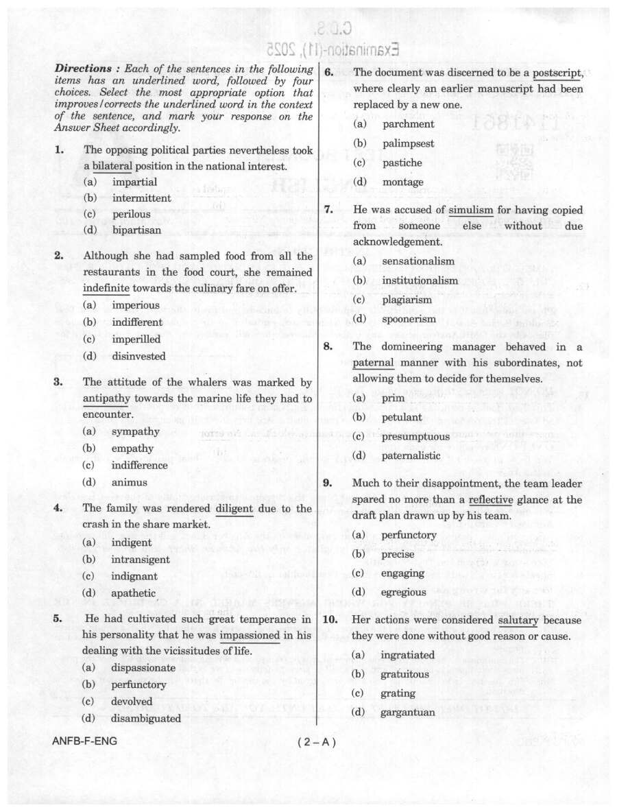 UPSC CDS II 2025 English question paper page 1 instructions scan PDF download. Combined Defence Services Examination.