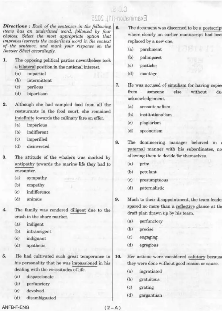 UPSC CDS II 2025 English question paper page 1 instructions scan PDF download. Combined Defence Services Examination.