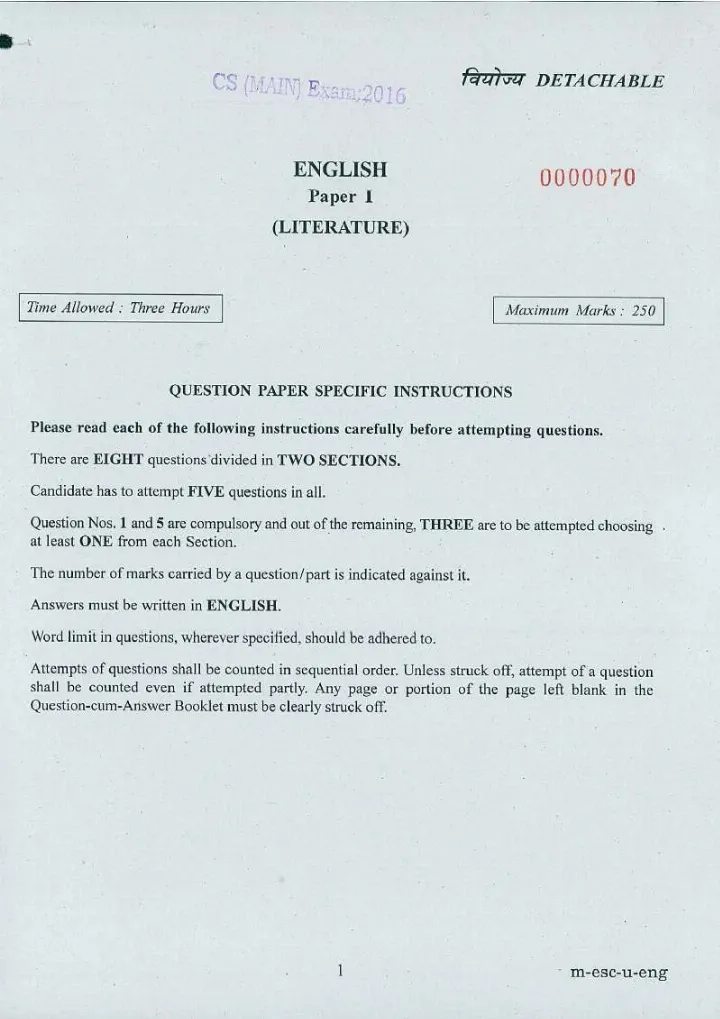 UPSC Civil Services Main 2016 English Paper I (Literature) question paper page 1 instructions scan PDF download