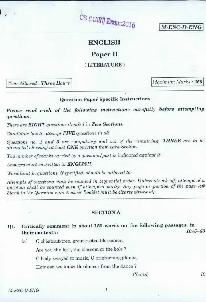 UPSC Civil Services Main 2016 English Paper II (Literature) question paper page 1 scan, showing exam header and instructions. PDF download available.