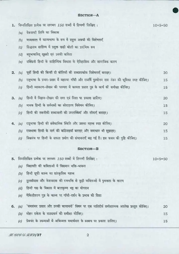 UPSC Civil Services Main 2016 Hindi Paper I (Literature) question paper page 1 instructions scan PDF download