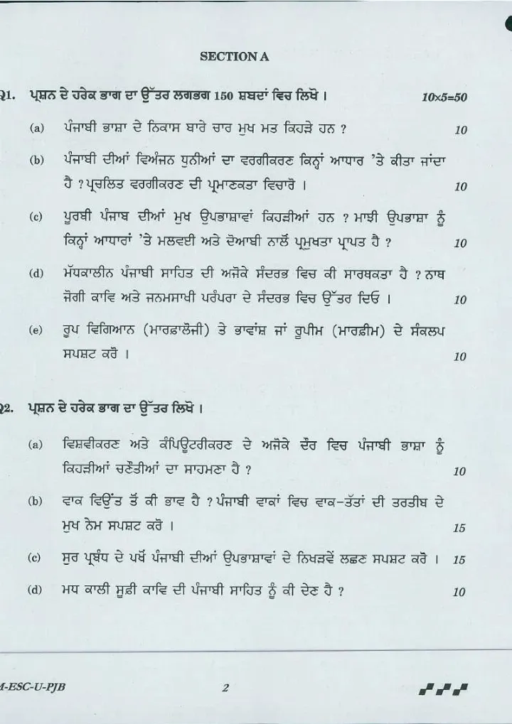 UPSC Civil Services Main 2016 Punjabi Literature Paper I question paper page 1 instructions scan PDF download