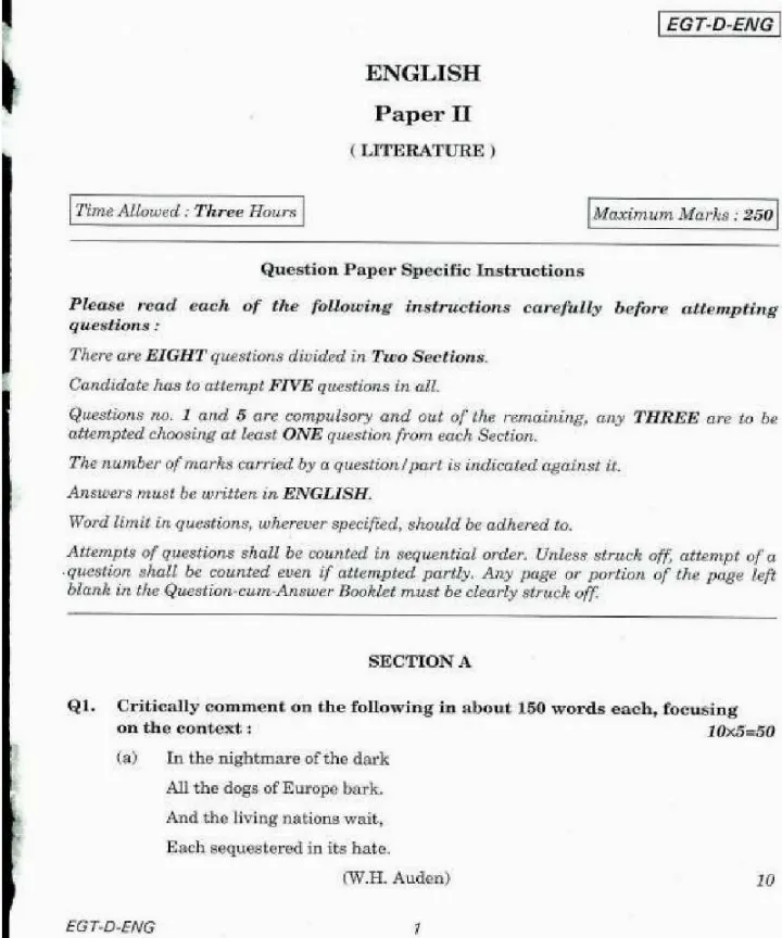 UPSC Civil Services Main 2018 English Literature Paper II question paper page 1 instructions scan PDF download