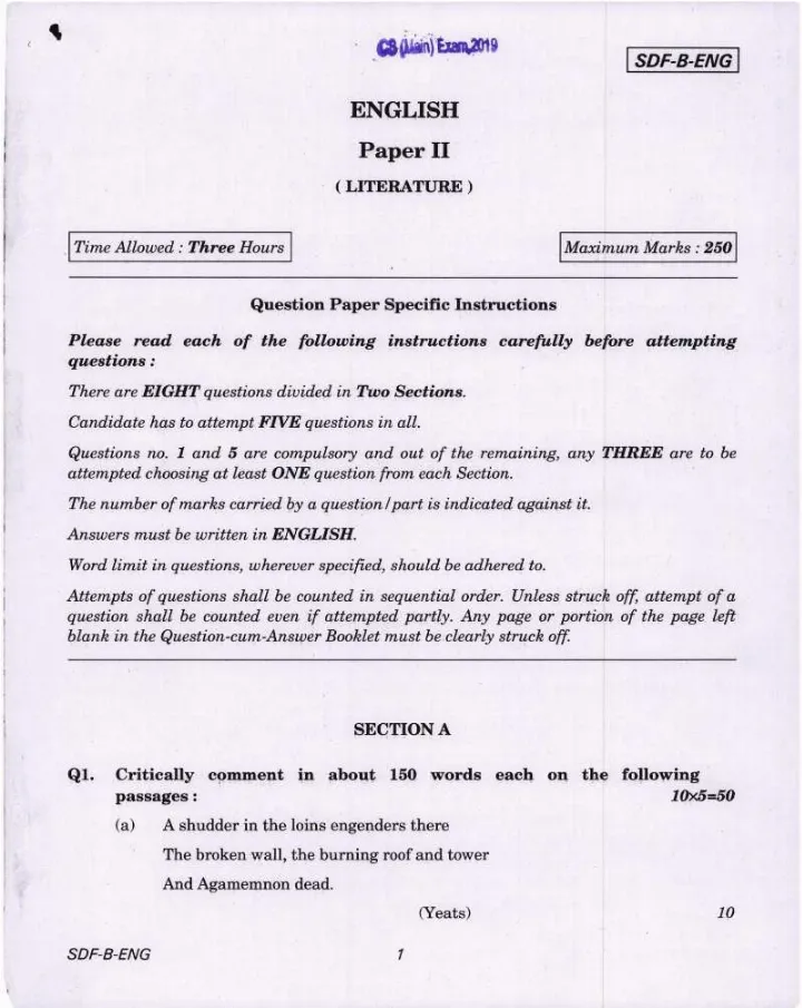 UPSC Civil Services Main 2019 English Literature Paper II question paper page 1 instructions scan PDF download