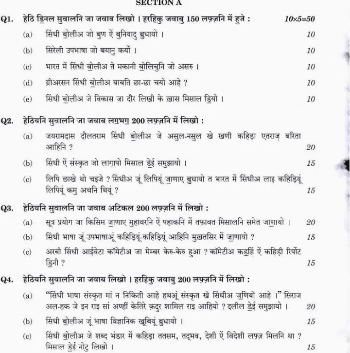 UPSC Civil Services Main 2019 Sindhi (Devanagari) Literature Paper I question paper page 1 scan PDF download showing exam instructions and header.