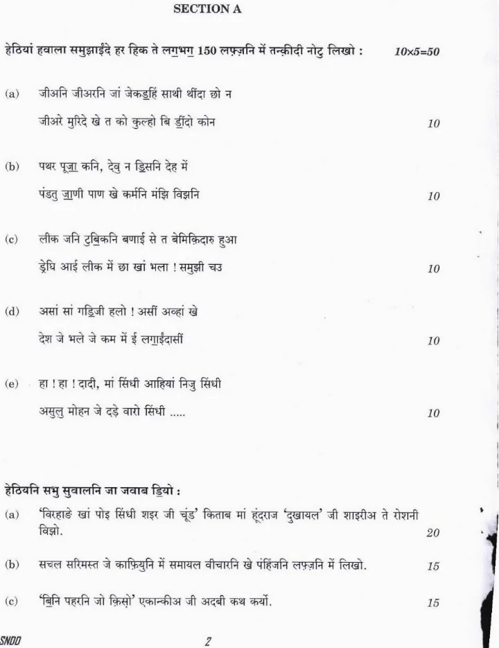 UPSC Civil Services Main 2019 Sindhi (Devanagari) Literature Paper II question paper page 1 scan PDF download - Exam header and instructions