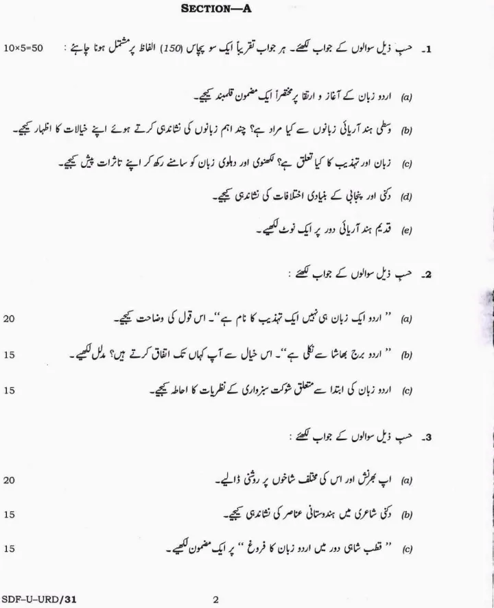 UPSC Civil Services Main 2019 Urdu Literature Paper I question paper page 1 instructions scan PDF download