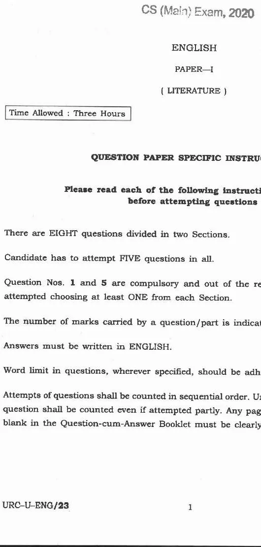 UPSC Civil Services Main 2020 English Literature Paper I question paper page 1 instructions scan PDF download