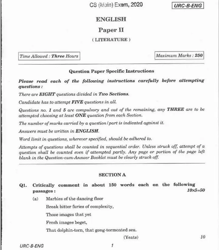 UPSC Civil Services Main 2020 English Literature Paper II question paper page 1 scan PDF download, featuring exam header and instructions.