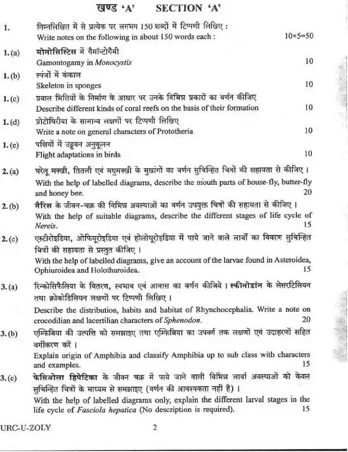 UPSC Civil Services Main 2020 Zoology Paper I question paper page 1 instructions scan PDF download