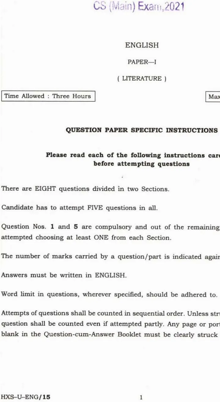 UPSC Civil Services (Main) Exam 2021 English Paper-I (Literature) question paper page 1 instructions scan PDF download
