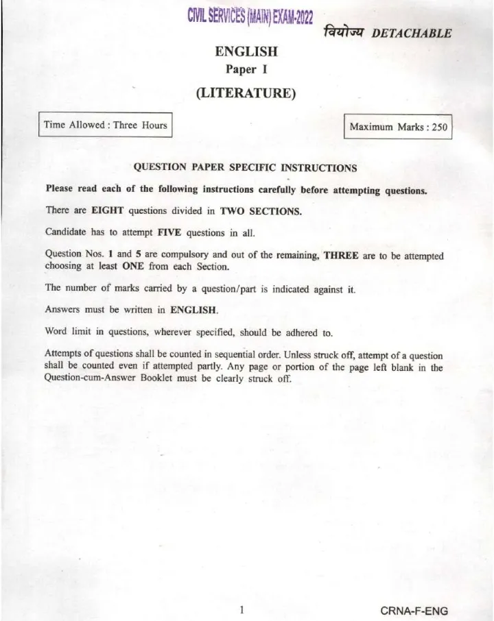 UPSC Civil Services Main 2022 English Literature Paper I question paper page 1 instructions scan PDF download