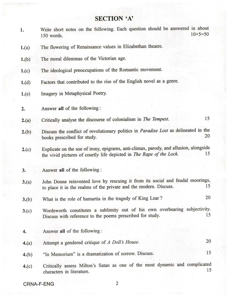 UPSC Civil Services Main 2022 English Literature Paper I question paper page 1 instructions scan PDF download