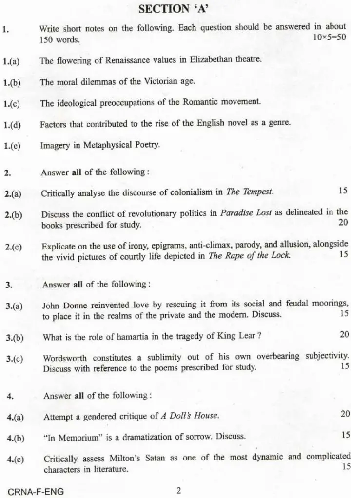 UPSC Civil Services Main 2022 English Literature Paper I question paper page 1 instructions scan PDF download