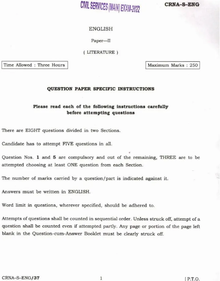 UPSC Civil Services Main 2022 English Literature Paper II question paper page 1 instructions scan PDF download