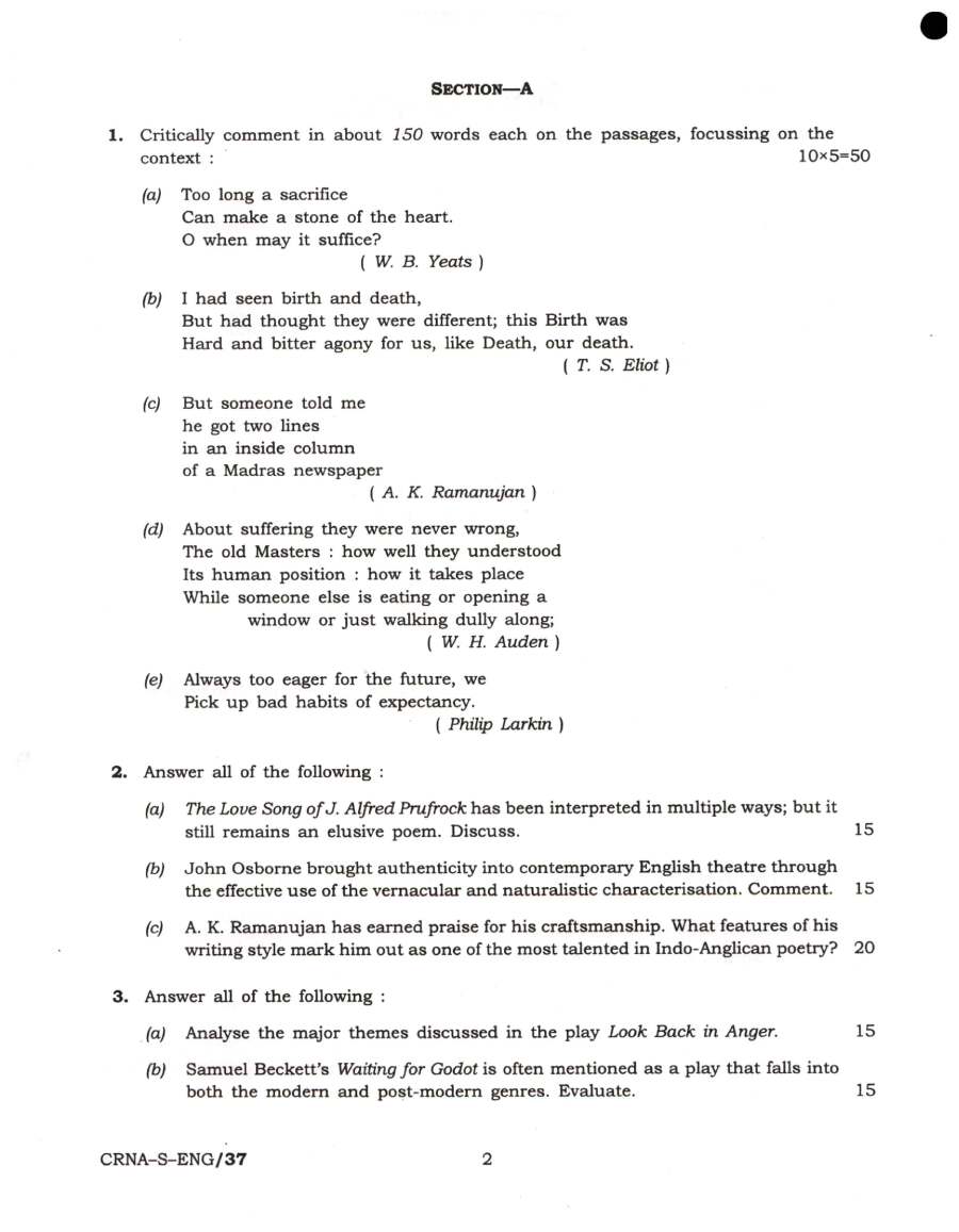 UPSC Civil Services Main 2022 English Literature Paper II question paper page 1 instructions scan PDF download
