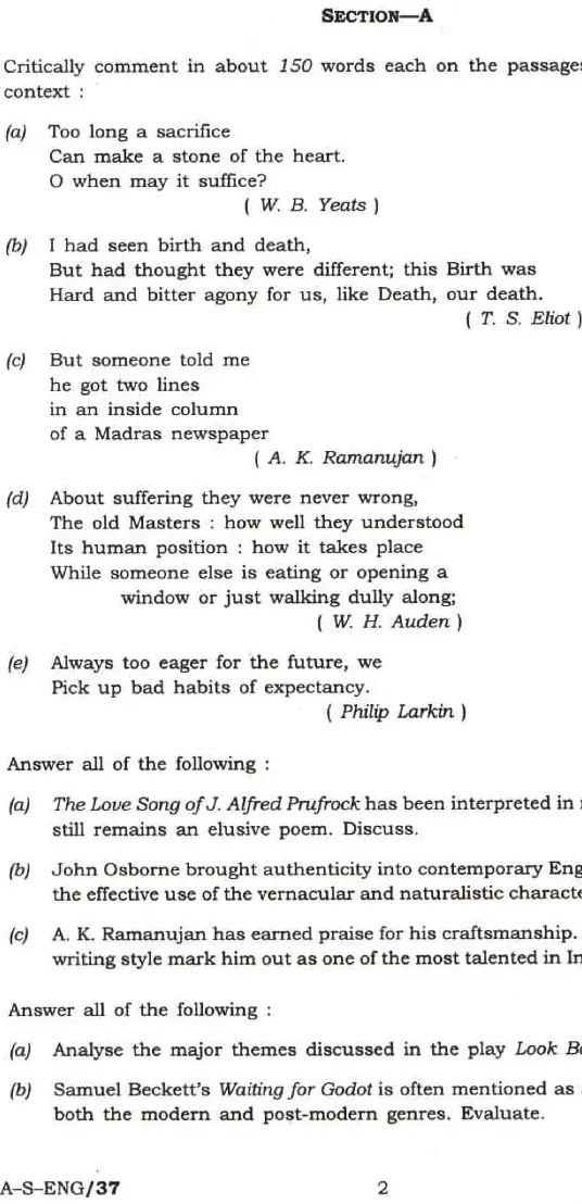 UPSC Civil Services Main 2022 English Literature Paper II question paper page 1 instructions scan PDF download