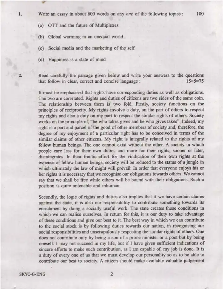 UPSC Civil Services Main 2023 English Compulsory question paper page 1 instructions scan PDF download