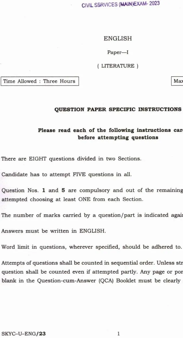UPSC Civil Services Main 2023 English Literature Paper I question paper page 1 instructions scan PDF download. Includes exam name, paper code, time, marks, and specific instructions for candidates.