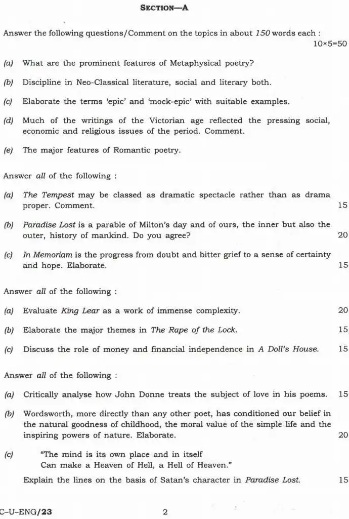 UPSC Civil Services Main 2023 English Literature Paper I question paper page 1 instructions scan PDF download. Includes exam name, paper code, time, marks, and specific instructions for candidates.