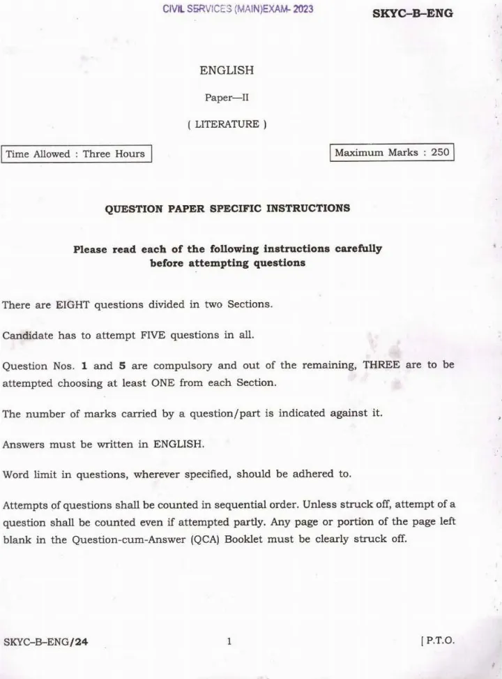 UPSC Civil Services Main Exam 2023 English Literature Paper II question paper page 1 scan PDF download, showing exam details and instructions.