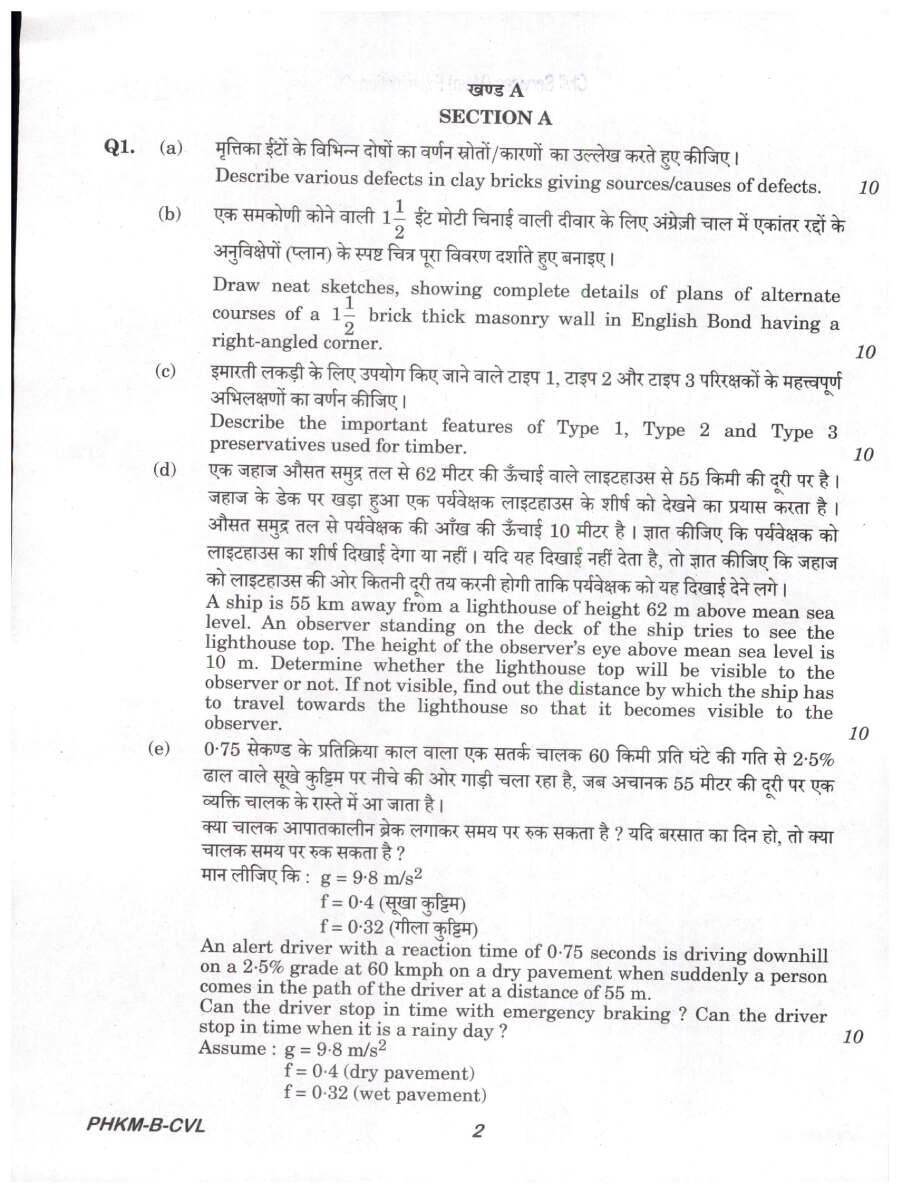 UPSC Civil Services Main 2024 Civil Engineering Paper II question paper page 1, featuring exam instructions and header details in Hindi and English. PDF download.