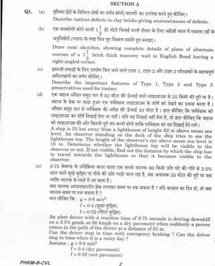 UPSC Civil Services Main 2024 Civil Engineering Paper II question paper page 1, featuring exam instructions and header details in Hindi and English. PDF download.