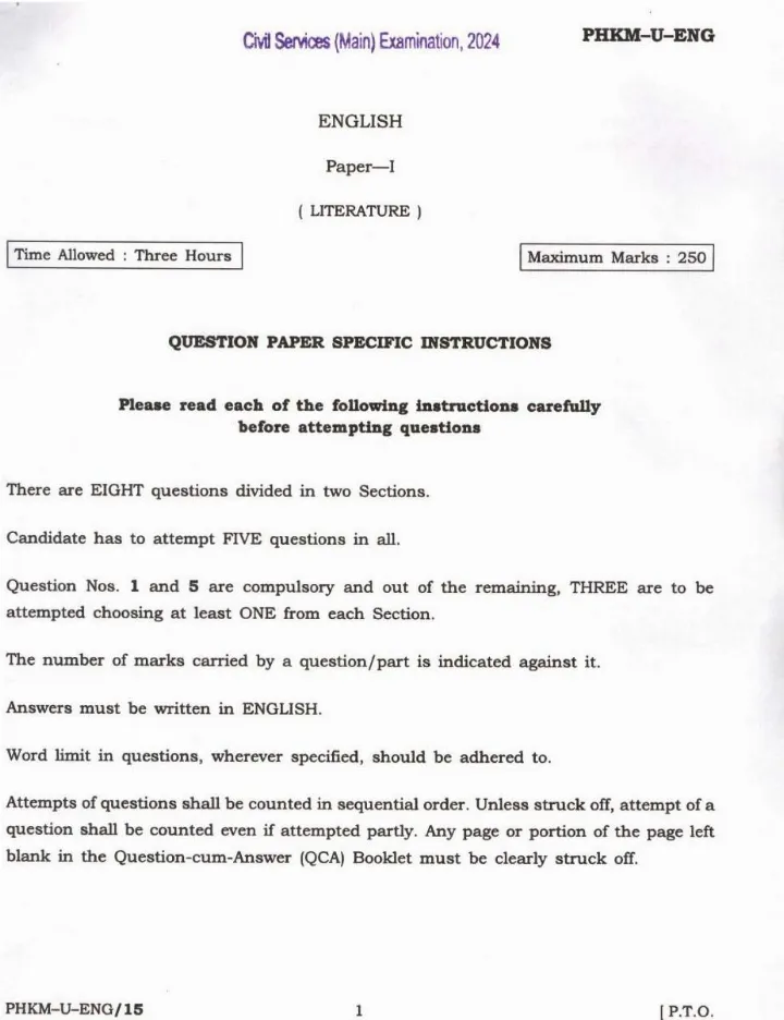 UPSC Civil Services Main 2024 English Literature Paper I question paper page 1 instructions scan PDF download