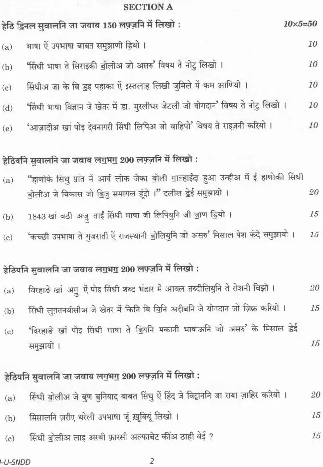 UPSC Civil Services Main 2024 Sindhi Literature Paper I question paper page 1 instructions scan PDF download. Includes exam name, paper details, time, marks, and specific instructions in Hindi and English.