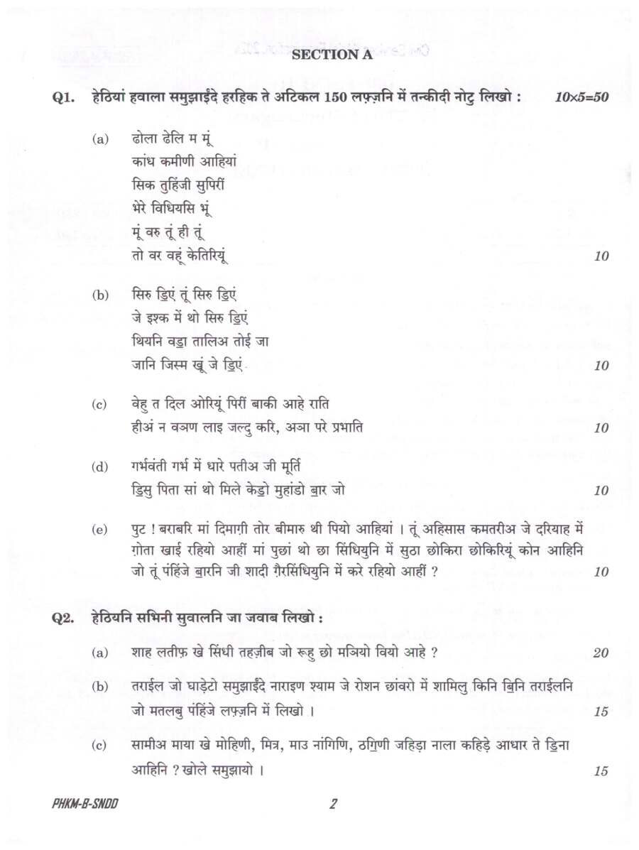 UPSC Civil Services Main 2024 Sindhi Literature Paper II question paper page 1 instructions scan PDF download