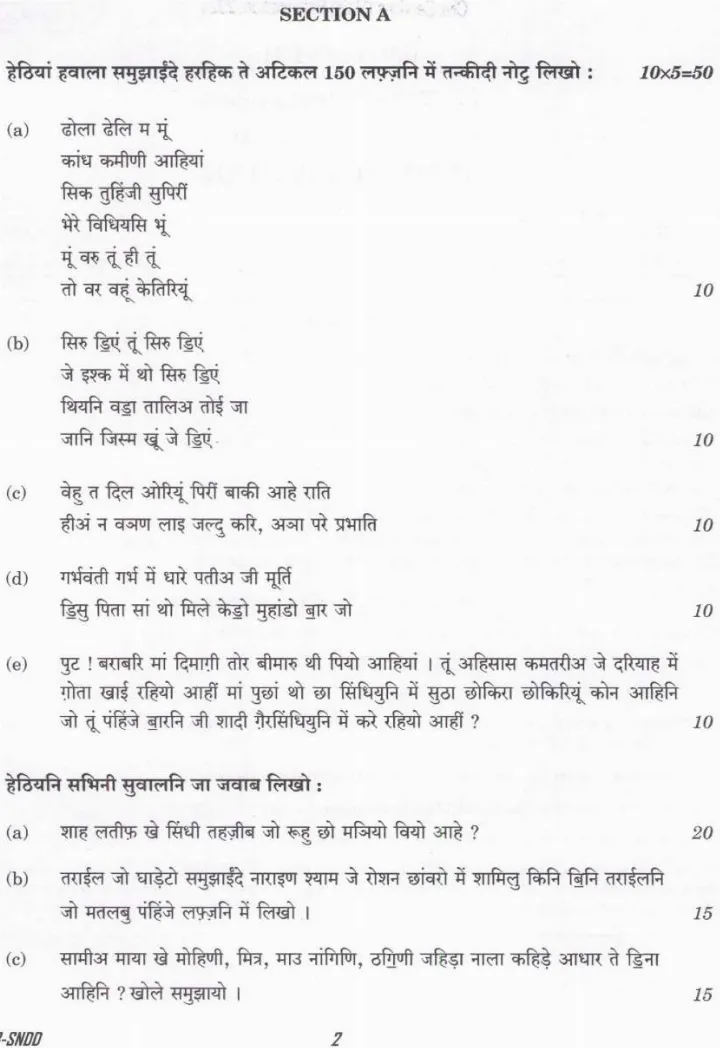 UPSC Civil Services Main 2024 Sindhi Literature Paper II question paper page 1 instructions scan PDF download