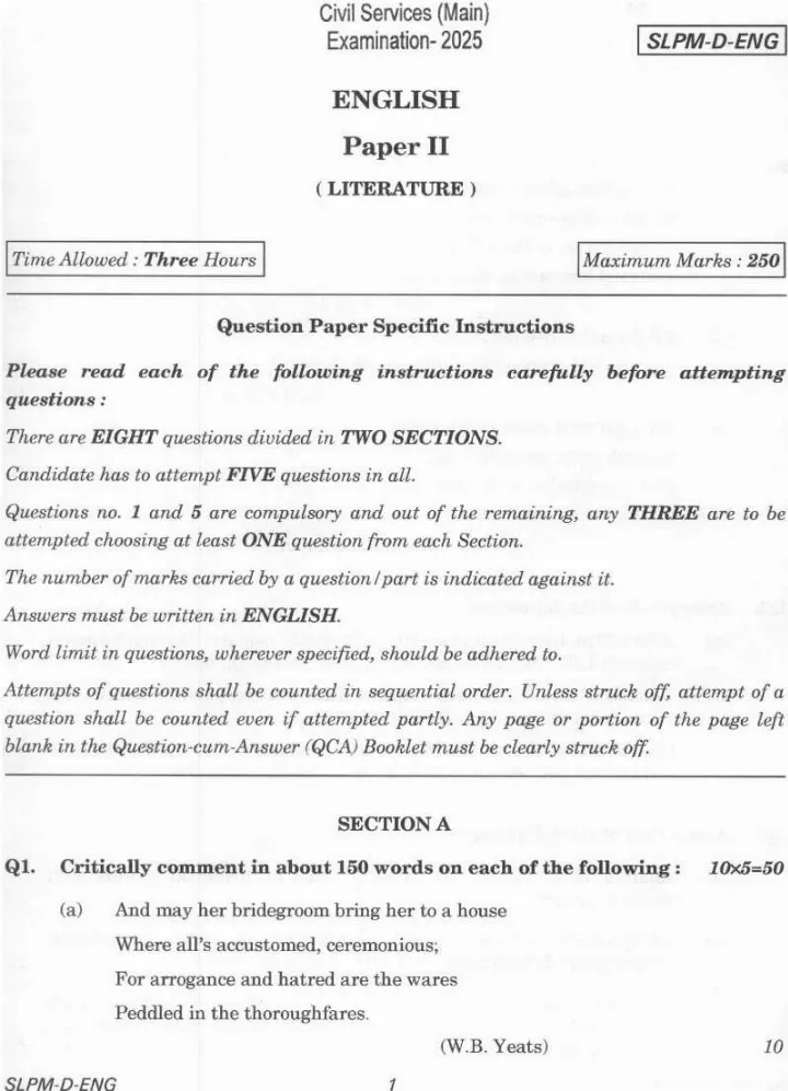 UPSC Civil Services Main 2025 English Literature Paper II question paper page 1 instructions scan PDF download. Official UPSC Civil Services (Main) Examination 2025 English Literature Paper II page 1 instructions and exam header.