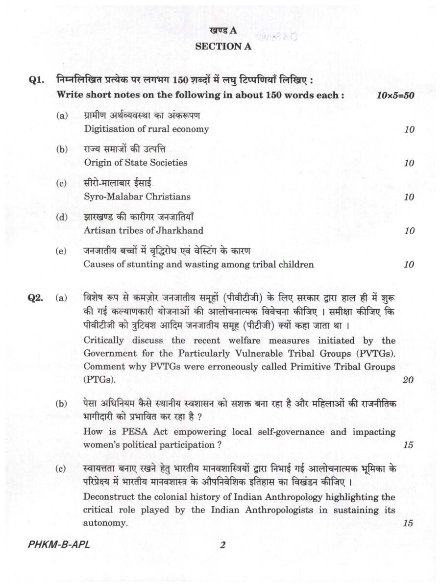 UPSC Civil Services Main 2024 Anthropology Paper II question paper page 1 instructions scan PDF download